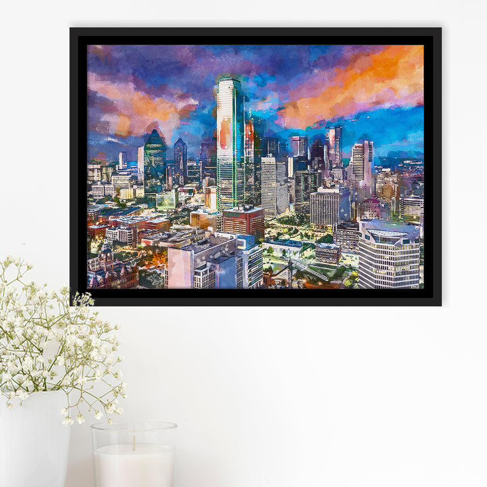 Dallas Texas Usa Downtown City Skyline V1 City Art Watercolor Framed Canvas Prints Wall Art Home Decor,Floating Frame