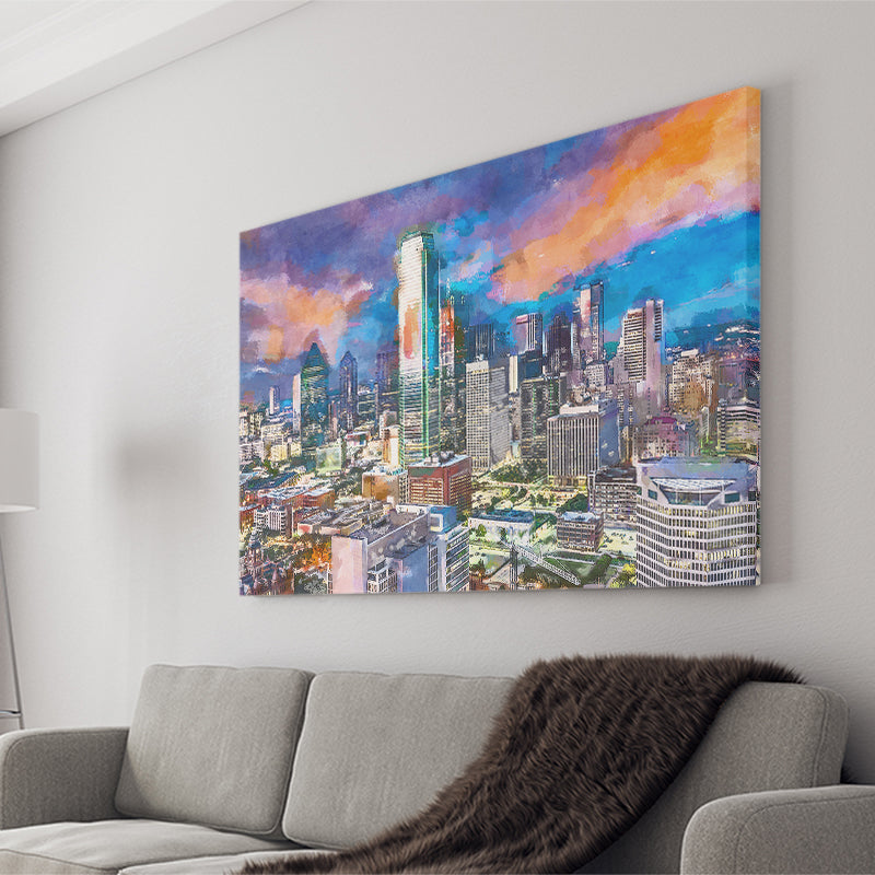 Dallas Texas Usa Downtown City Skyline V1 City Art Watercolor Canvas Prints Wall Art Home Decor, Large Canvas