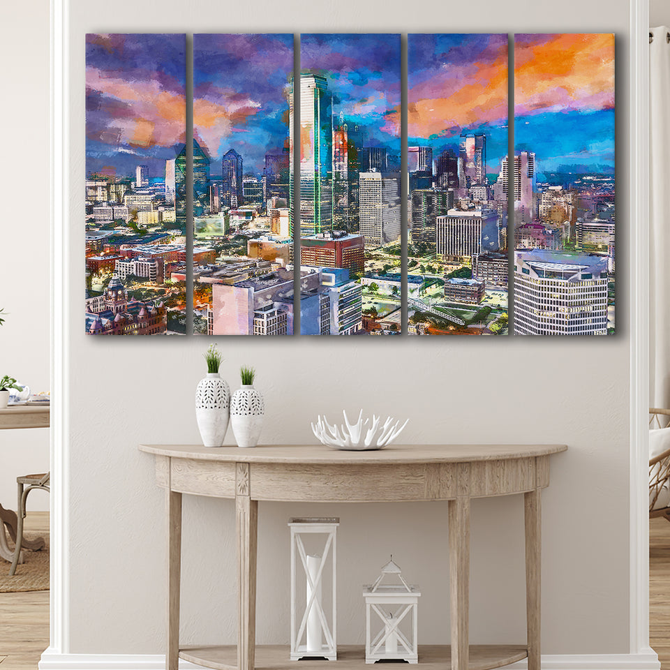 Dallas Texas Usa Downtown City Skyline V1 5 Pieces Extra Large Canvas Prints Wall Art Home Decor