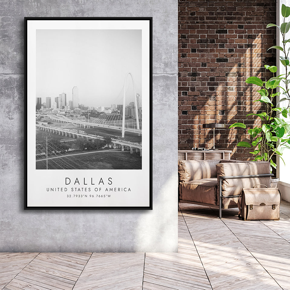 Dallas, Usa 1 Black And White Art Framed Canvas Prints Wall Art Home Decor, Floating Frame