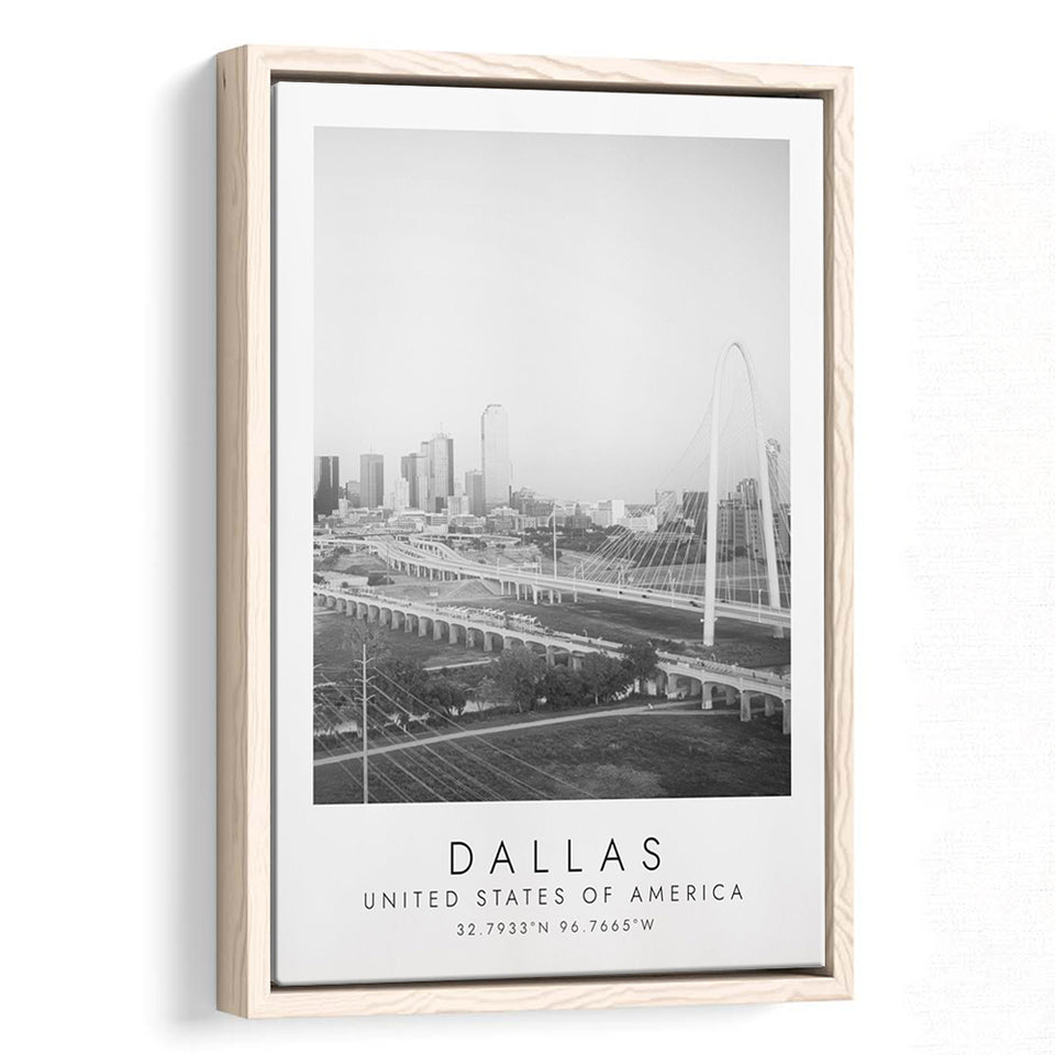 Dallas, Usa 1 Black And White Art Framed Canvas Prints Wall Art Home Decor, Floating Frame