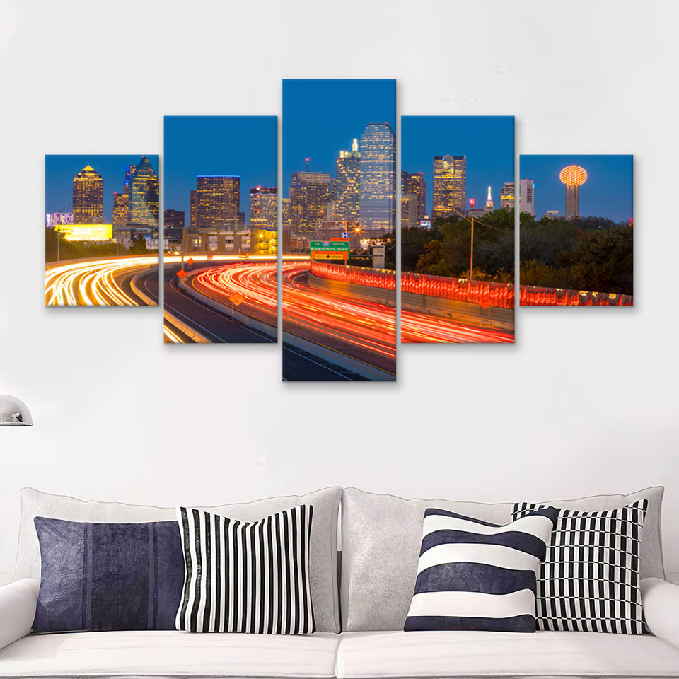 Dallas downtown skyline at twilight Texas USA 5 Pieces Canvas Prints Wall Art - Painting Canvas, Multi Panels, Wall Decor