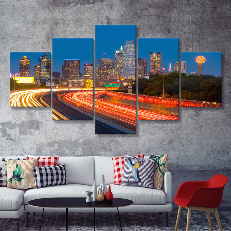 Dallas downtown skyline at twilight Texas USA 5 Pieces Canvas Prints Wall Art - Painting Canvas, Multi Panels, Wall Decor