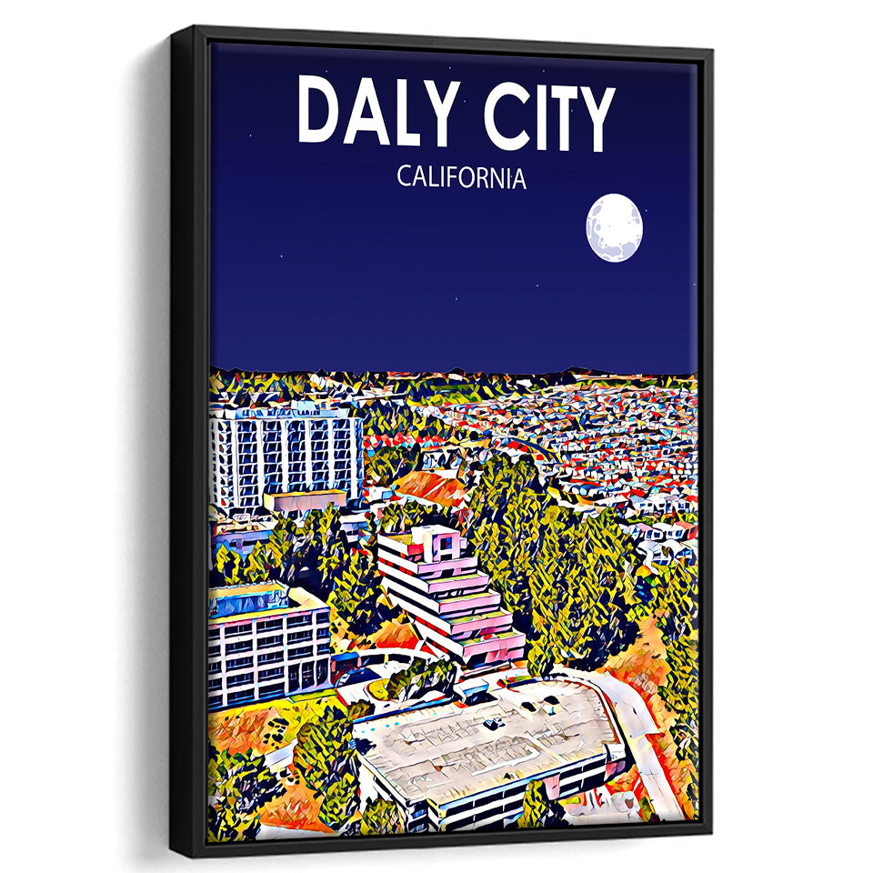 Daly City California Art Night Landscape, Large Canvas, Framed Canvas Print Wall Art Home Decor, Floating Frame