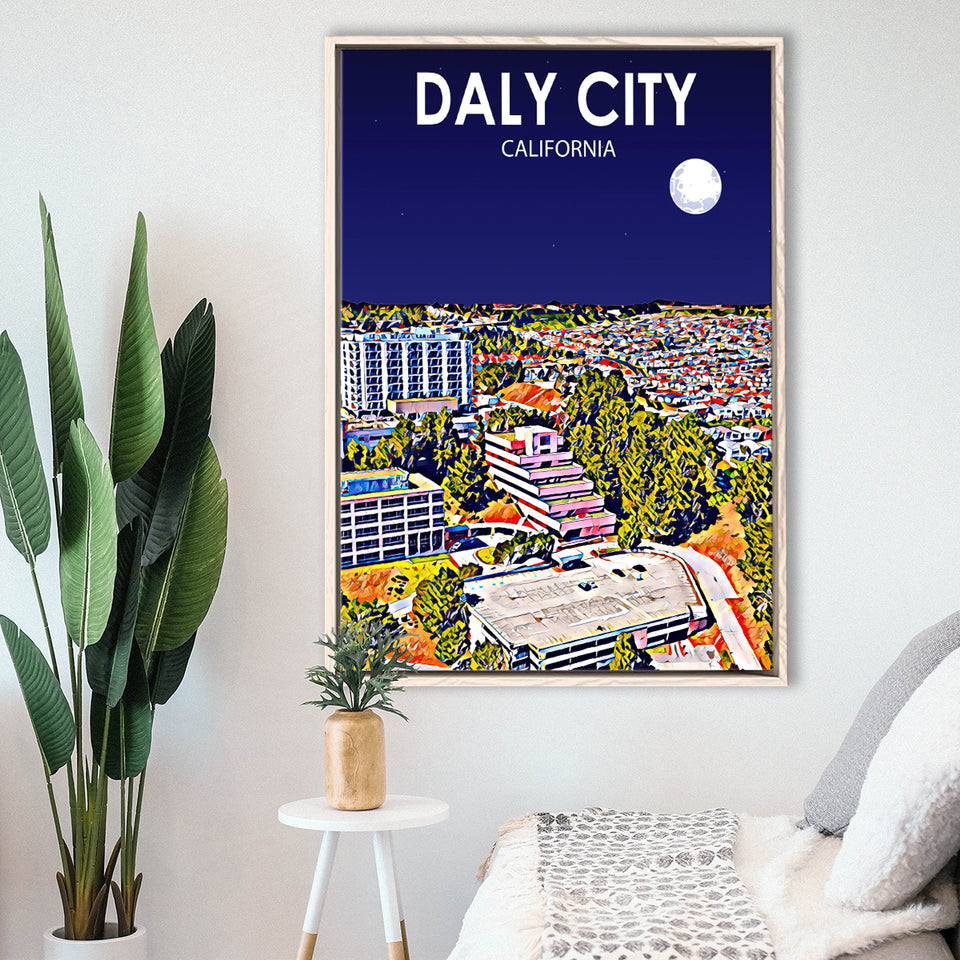 Daly City California Art Night Landscape, Large Canvas, Framed Canvas Print Wall Art Home Decor, Floating Frame