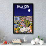 Daly City California Art Night Landscape, Large Canvas, Framed Canvas Print Wall Art Home Decor, Floating Frame