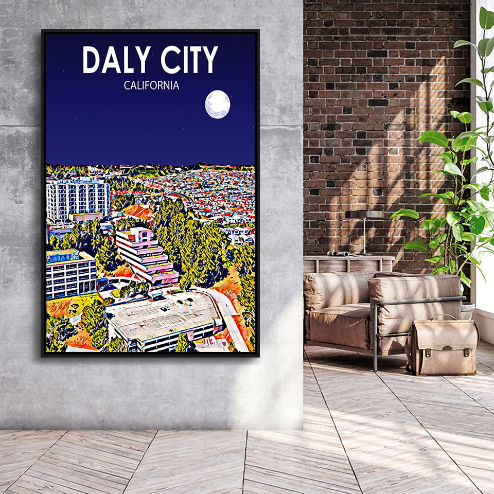 Daly City California Art Night Landscape, Large Canvas, Framed Canvas Print Wall Art Home Decor, Floating Frame
