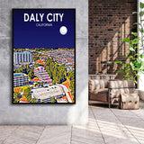 Daly City California Art Night Landscape, Large Canvas, Framed Canvas Print Wall Art Home Decor, Floating Frame