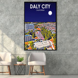 Daly City California Art Night Landscape, Large Canvas, Framed Canvas Print Wall Art Home Decor, Floating Frame