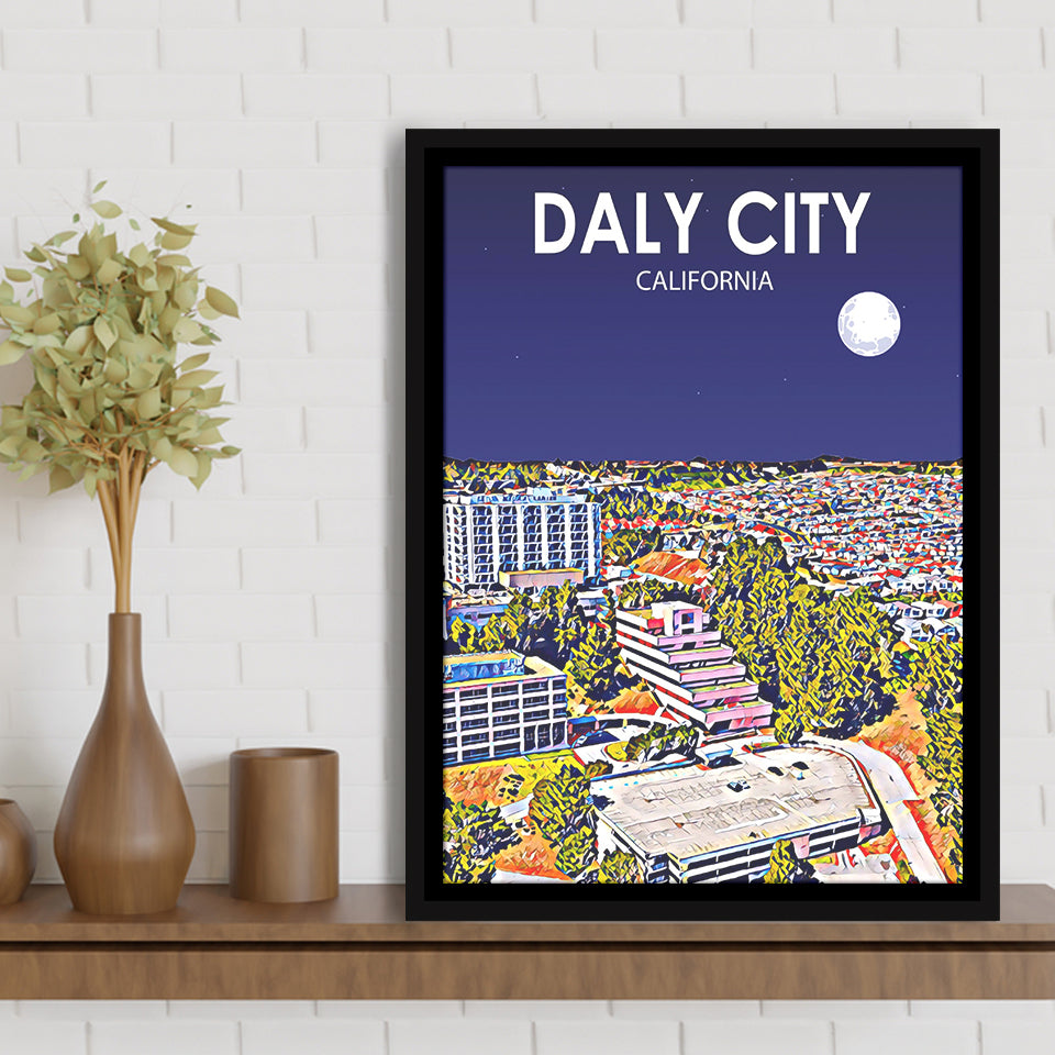 Daly City California Art Night Landscape, Large Canvas, Framed Canvas Print Wall Art Home Decor, Floating Frame