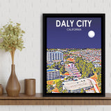 Daly City California Art Night Landscape, Large Canvas, Framed Canvas Print Wall Art Home Decor, Floating Frame