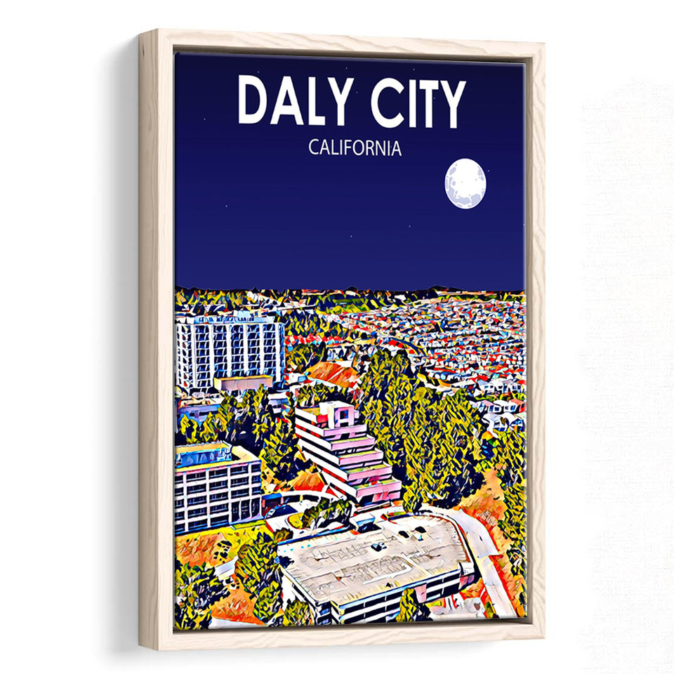 Daly City California Art Night Landscape, Large Canvas, Framed Canvas Print Wall Art Home Decor, Floating Frame