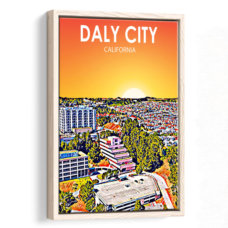 Daly City California Art Sunset Landscape, Large Canvas, Framed Canvas Print Wall Art Home Decor, Floating Frame