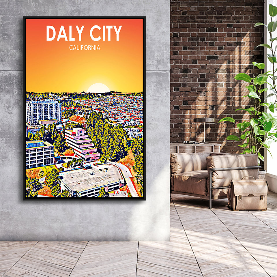 Daly City California Art Sunset Landscape, Large Canvas, Framed Canvas Print Wall Art Home Decor, Floating Frame