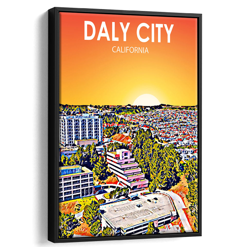 Daly City California Art Sunset Landscape, Large Canvas, Framed Canvas Print Wall Art Home Decor, Floating Frame