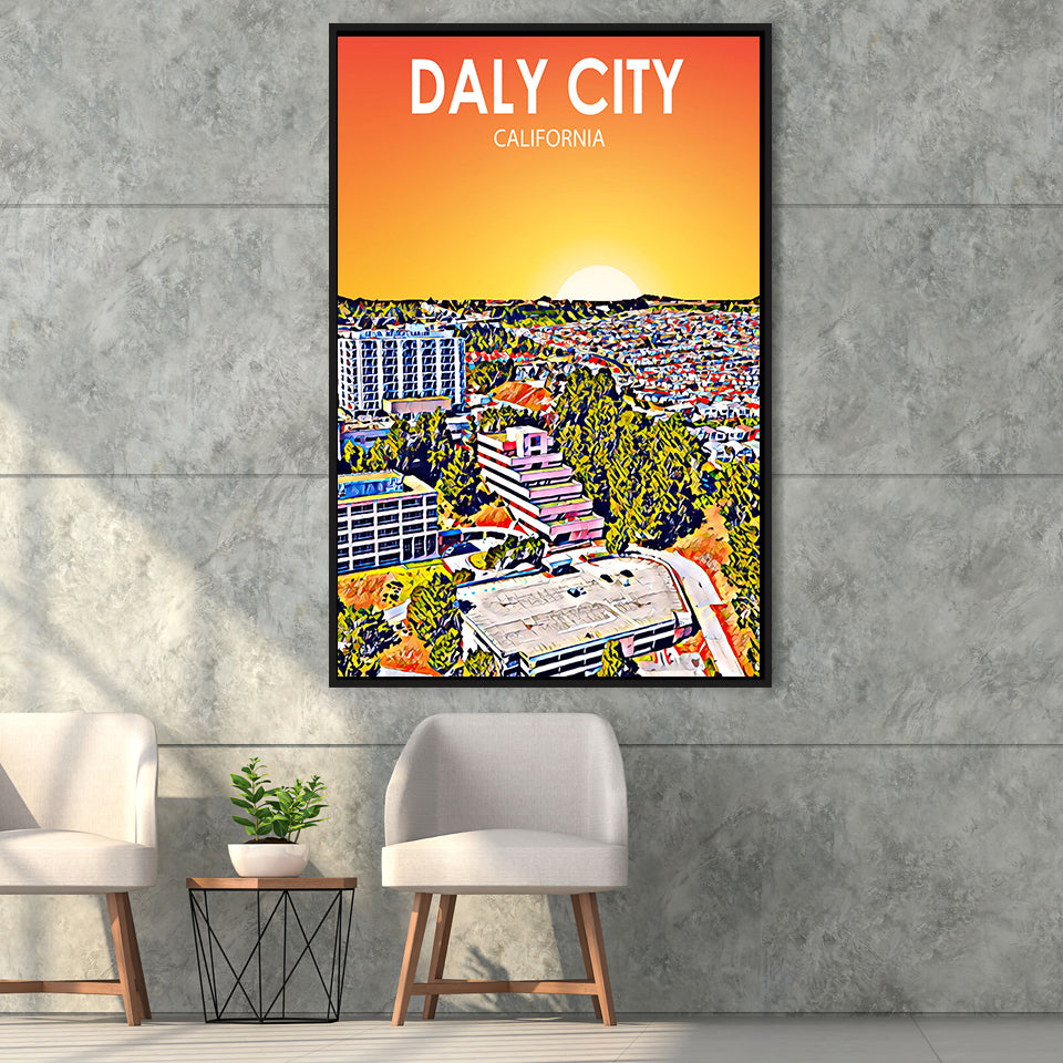 Daly City California Art Sunset Landscape, Large Canvas, Framed Canvas Print Wall Art Home Decor, Floating Frame