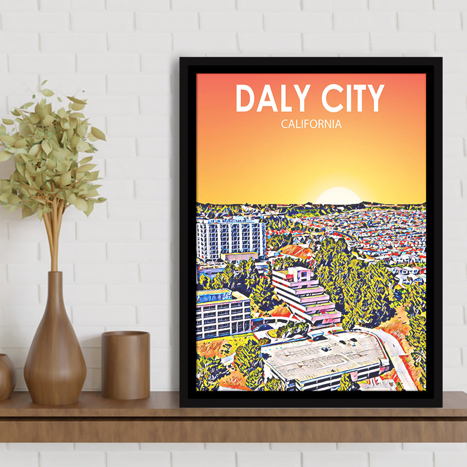 Daly City California Art Sunset Landscape, Large Canvas, Framed Canvas Print Wall Art Home Decor, Floating Frame