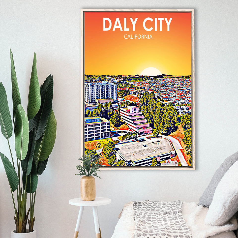 Daly City California Art Sunset Landscape, Large Canvas, Framed Canvas Print Wall Art Home Decor, Floating Frame