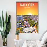 Daly City California Art Sunset Landscape, Large Canvas, Framed Canvas Print Wall Art Home Decor, Floating Frame