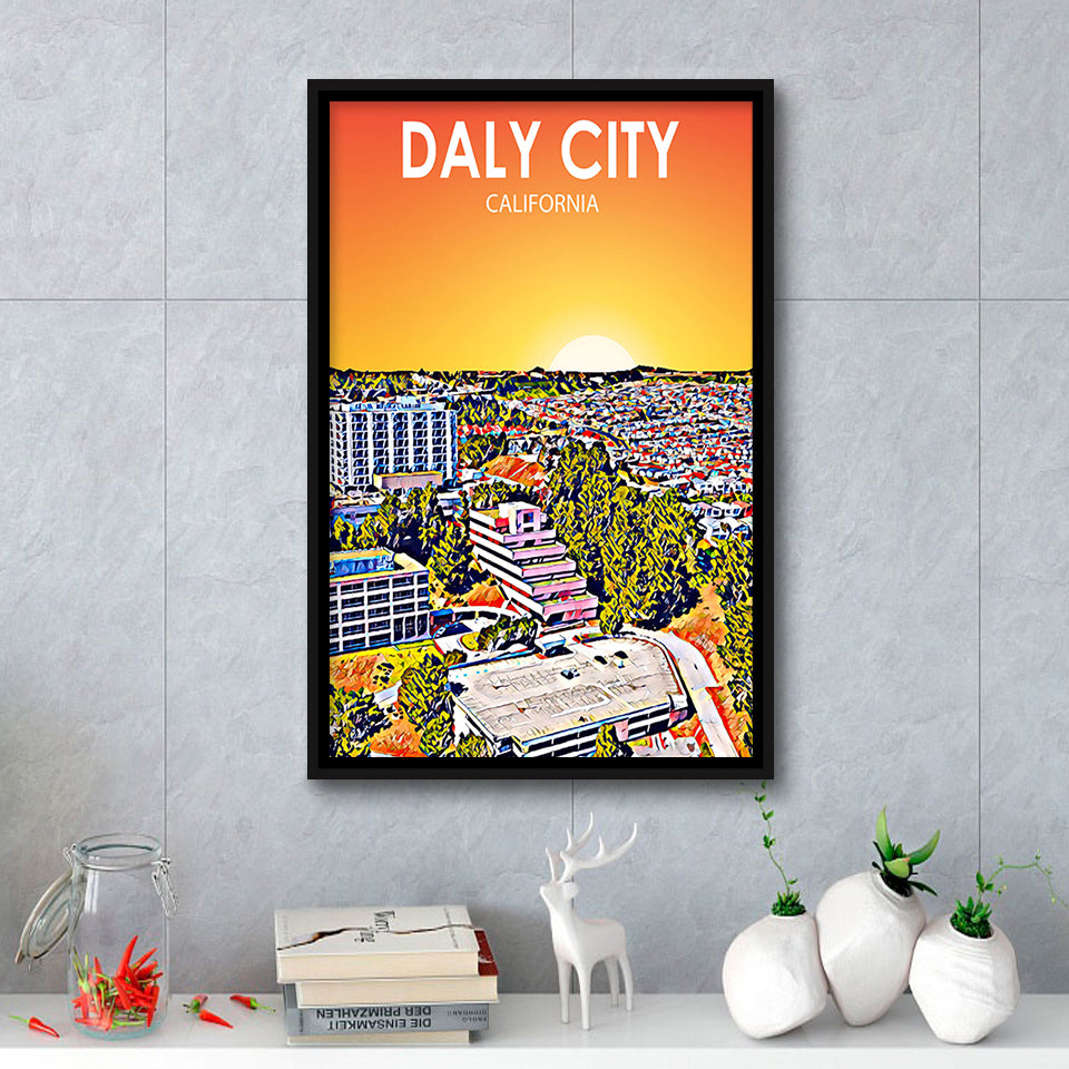 Daly City California Art Sunset Landscape, Large Canvas, Framed Canvas Print Wall Art Home Decor, Floating Frame