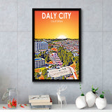 Daly City California Art Sunset Landscape, Large Canvas, Framed Canvas Print Wall Art Home Decor, Floating Frame