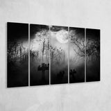 Dark Horror Halloween Gravestone Gothic Theme, 5 Panel B Canvas Prints Wall Art, Extra Large Canvas Decor