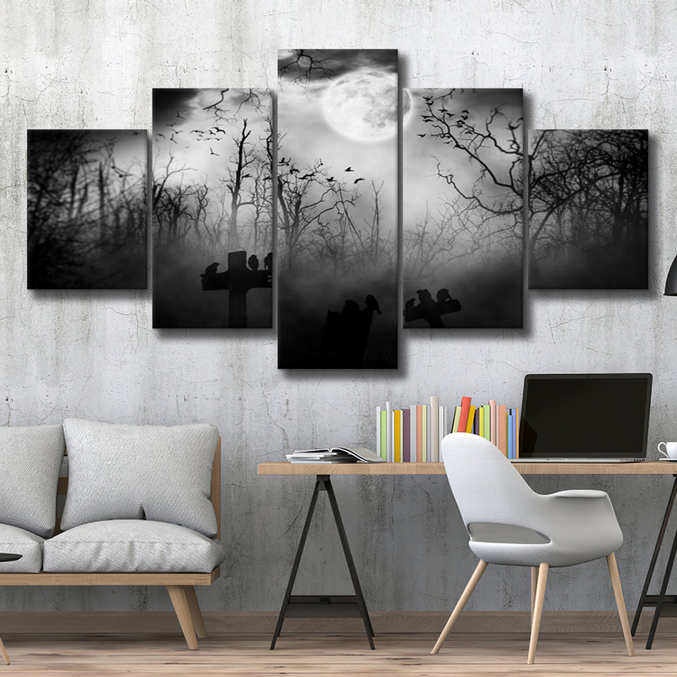Dark Horror Halloween Gravestone Gothic Theme, 5 Panel Canvas Prints Wall Art,Mixed Canvas, Large Canvas