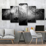 Dark Horror Halloween Gravestone Gothic Theme, 5 Panel Canvas Prints Wall Art,Mixed Canvas, Large Canvas