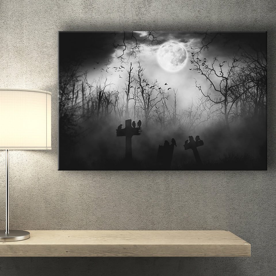 Dark Horror Halloween Gravestone Gothic Theme Canvas Prints Wall Art, Home Living Room Decor, Large Canvas