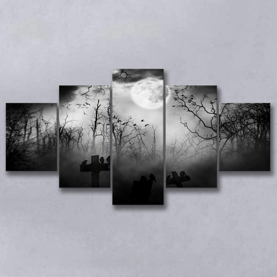 Dark Horror Halloween Gravestone Gothic Theme, 5 Panel Canvas Prints Wall Art,Mixed Canvas, Large Canvas