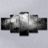 Dark Horror Halloween Gravestone Gothic Theme, 5 Panel Canvas Prints Wall Art,Mixed Canvas, Large Canvas