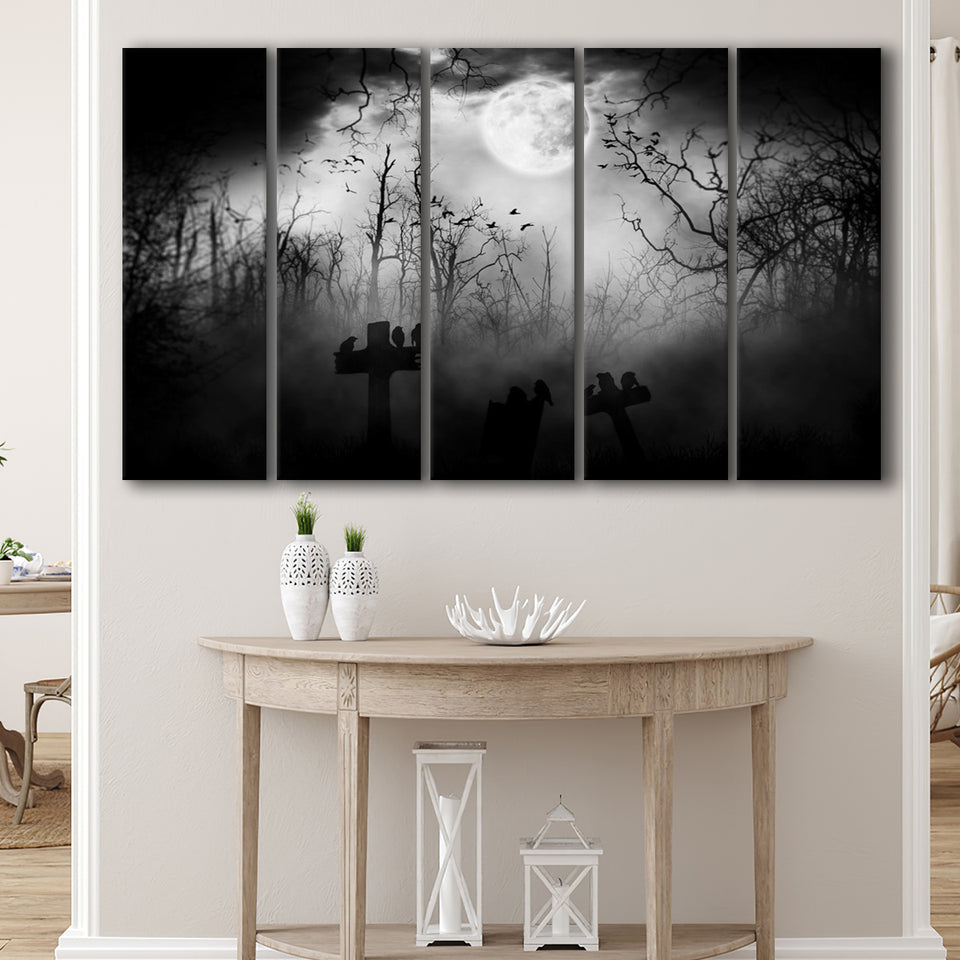 Dark Horror Halloween Gravestone Gothic Theme, 5 Panel B Canvas Prints Wall Art, Extra Large Canvas Decor