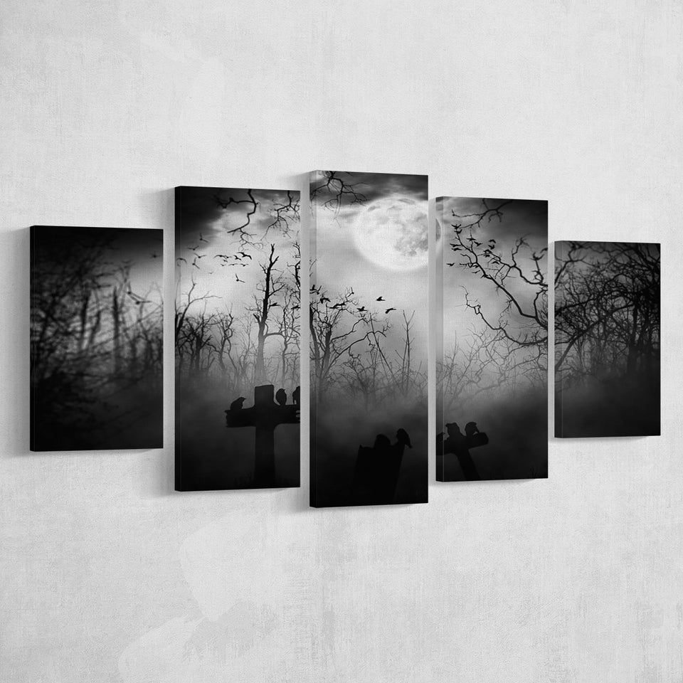 Dark Horror Halloween Gravestone Gothic Theme, 5 Panel Canvas Prints Wall Art,Mixed Canvas, Large Canvas