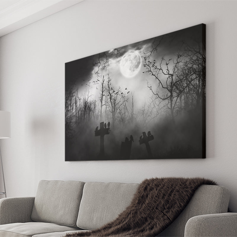 Dark Horror Halloween Gravestone Gothic Theme Canvas Prints Wall Art, Home Living Room Decor, Large Canvas