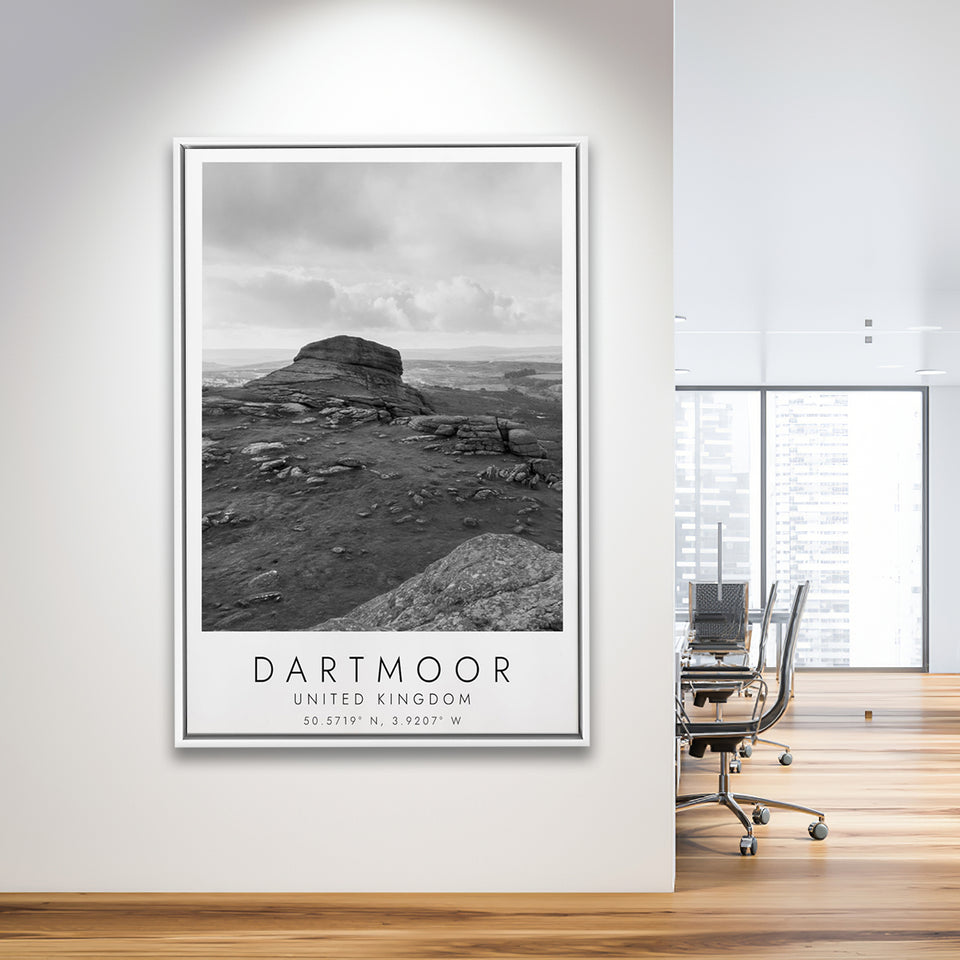 Dartmoor National Park Travel Art Black And White Decor Framed Canvas Prints Wall Art Home Decor, Floating Frame