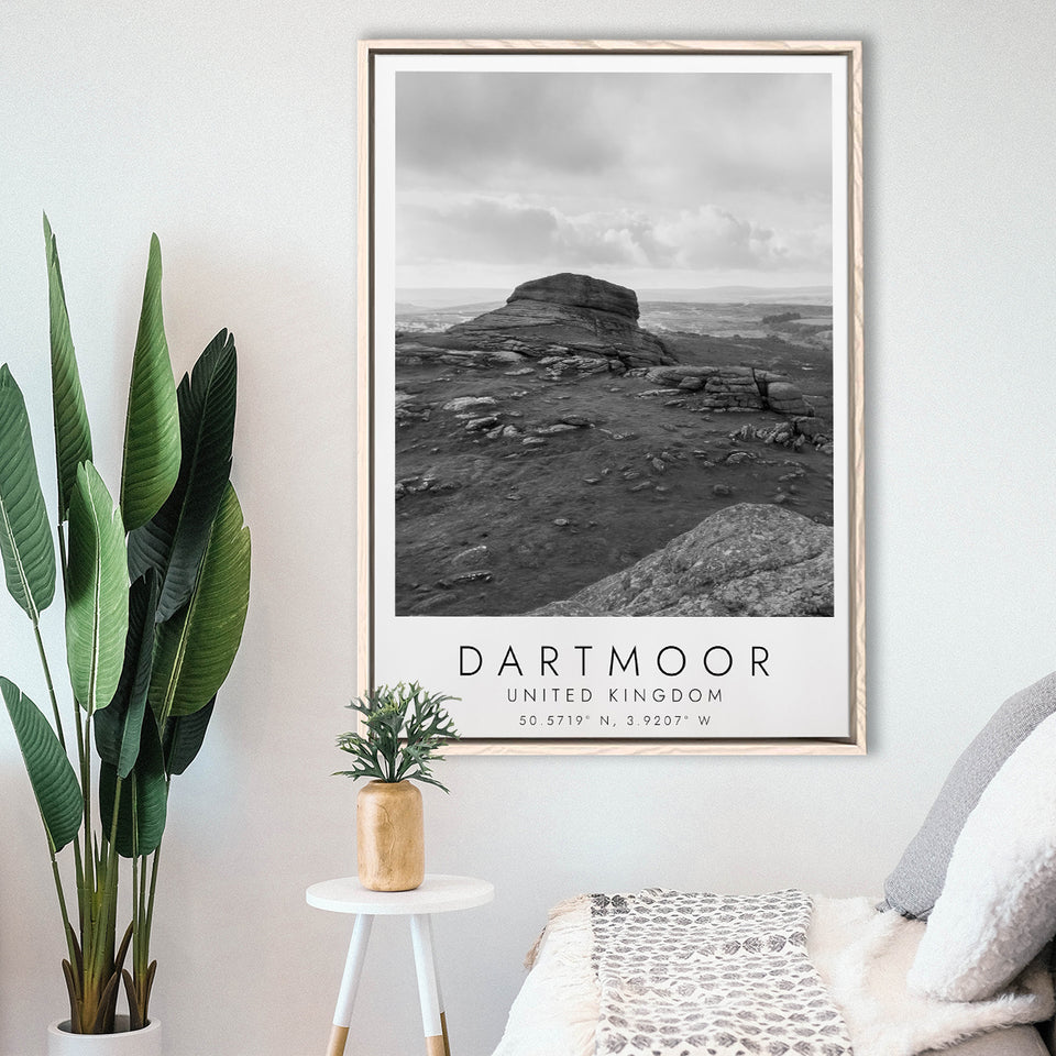 Dartmoor National Park Travel Art Black And White Decor Framed Canvas Prints Wall Art Home Decor, Floating Frame