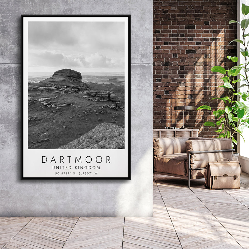 Dartmoor National Park Travel Art Black And White Decor Framed Canvas Prints Wall Art Home Decor, Floating Frame
