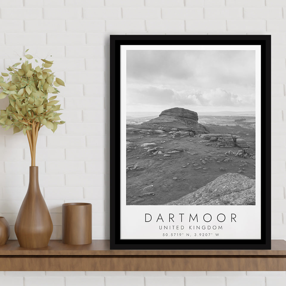 Dartmoor National Park Travel Art Black And White Decor Framed Canvas Prints Wall Art Home Decor, Floating Frame