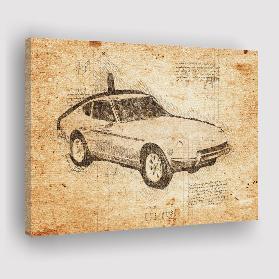 Datsun 240Z 1971 Da Vinci Style Canvas Prints - Painting Canvas, Wall Art,Old Car, Prints for Sale,Wal Decor, Home Decor