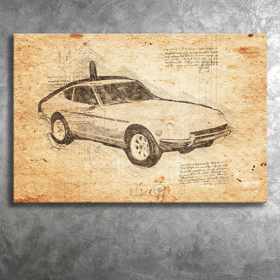 Datsun 240Z 1971 Da Vinci Style Canvas Prints - Painting Canvas, Wall Art,Old Car, Prints for Sale,Wal Decor, Home Decor
