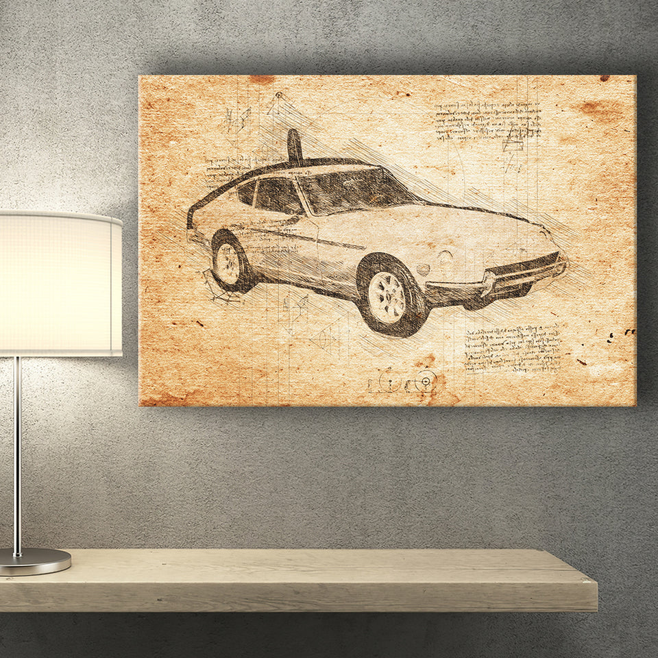 Datsun 240Z 1971 Da Vinci Style Canvas Prints - Painting Canvas, Wall Art,Old Car, Prints for Sale,Wal Decor, Home Decor