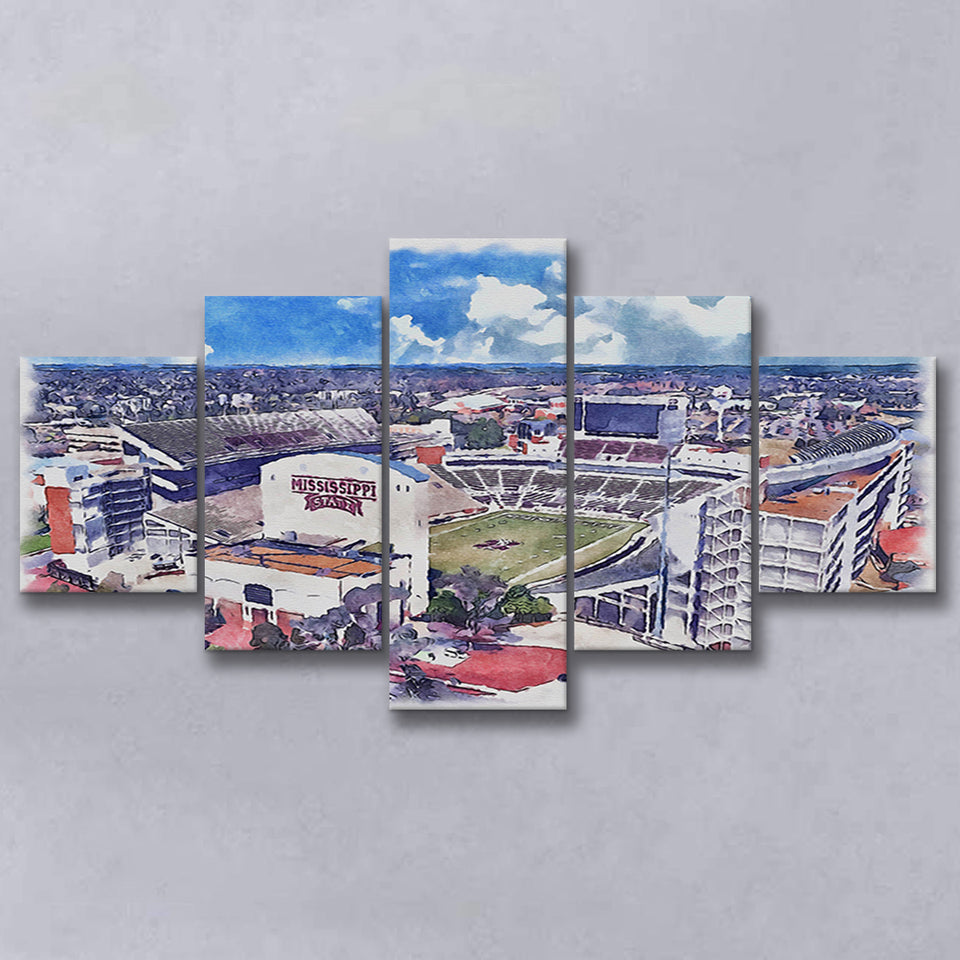 Davis Wade Stadium Bulldogs Stadium Watercolor, 5 Pieces, Multi Panel Canvas Prints Wall Art Decor