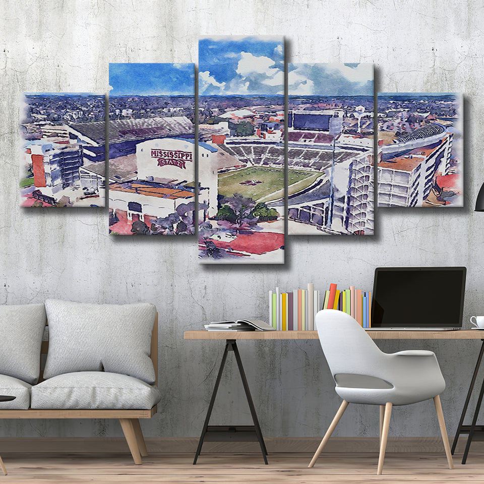 Davis Wade Stadium Bulldogs Stadium Watercolor, 5 Pieces, Multi Panel Canvas Prints Wall Art Decor