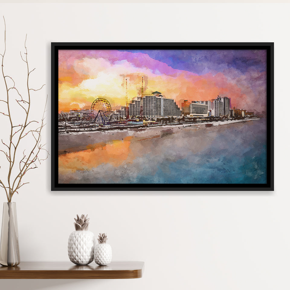 Daytona Beach Florida Usa Beachfront Skyline City Art Watercolor Framed Canvas Prints Wall Art Home Decor,Floating Frame