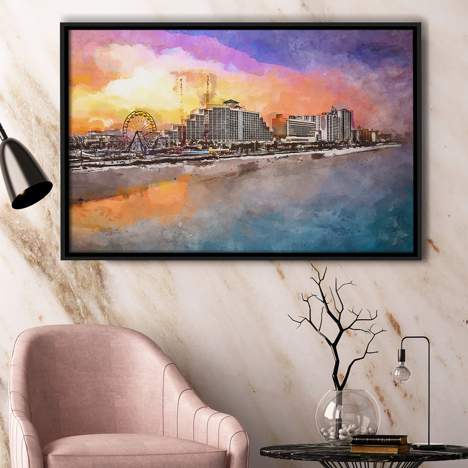 Daytona Beach Florida Usa Beachfront Skyline City Art Watercolor Framed Canvas Prints Wall Art Home Decor,Floating Frame