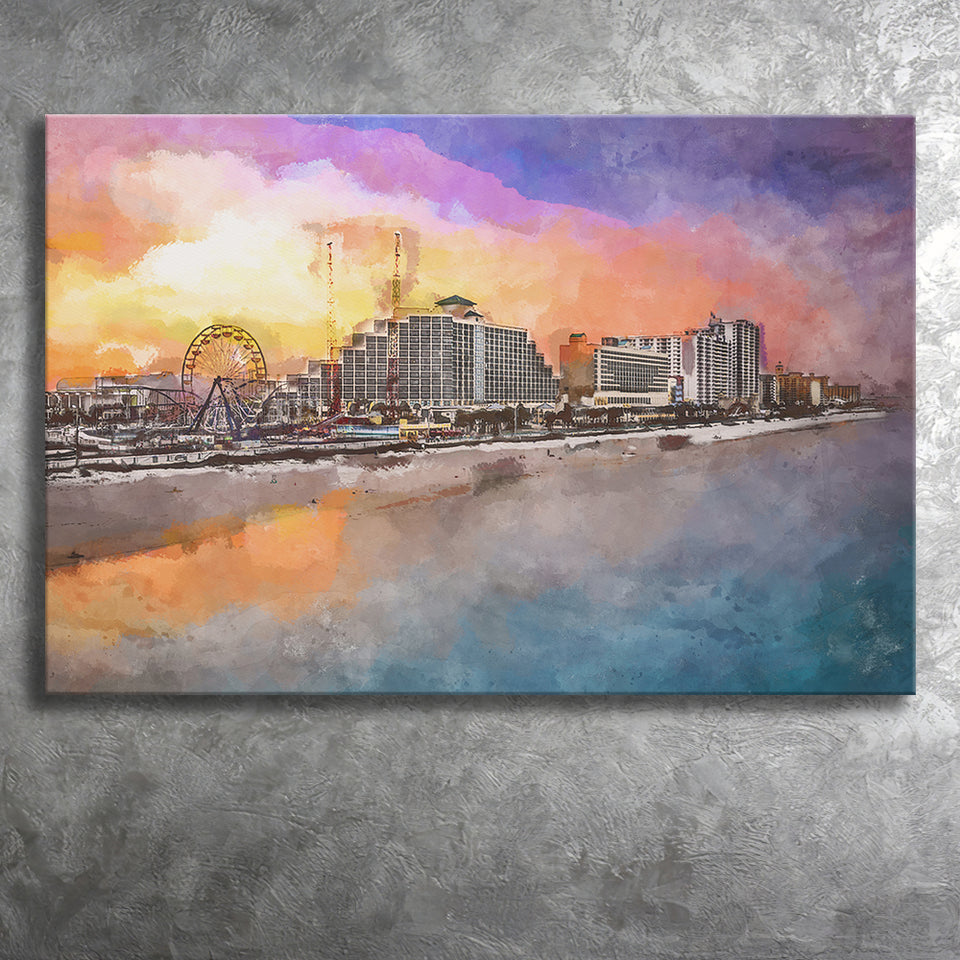 Daytona Beach Florida Usa Beachfront Skyline City Art Watercolor Canvas Prints Wall Art Home Decor, Large Canvas