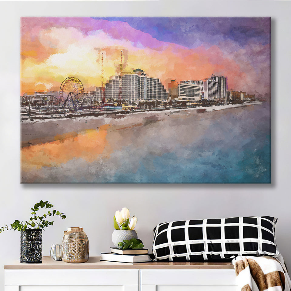 Daytona Beach Florida Usa Beachfront Skyline City Art Watercolor Canvas Prints Wall Art Home Decor, Large Canvas