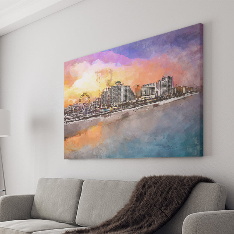 Daytona Beach Florida Usa Beachfront Skyline City Art Watercolor Canvas Prints Wall Art Home Decor, Large Canvas