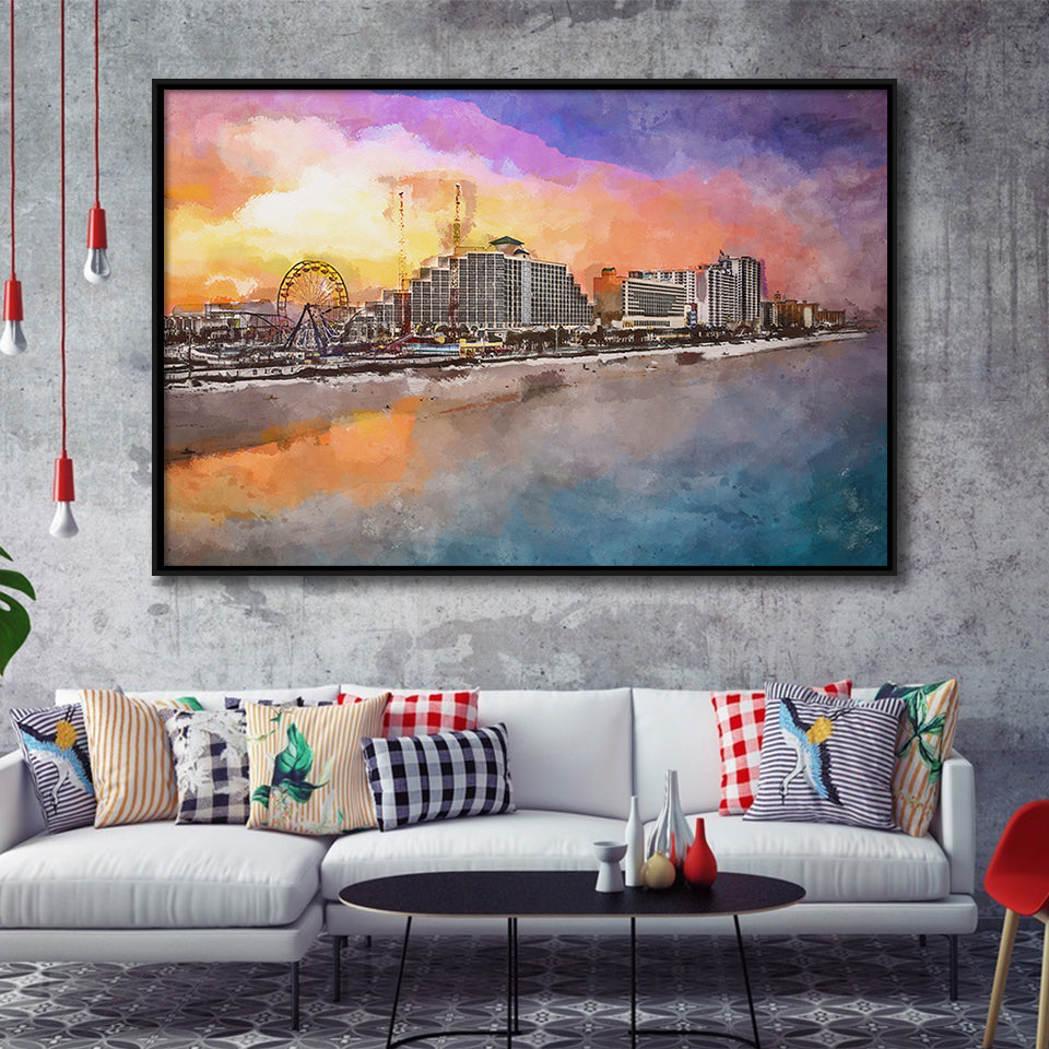 Daytona Beach Florida Usa Beachfront Skyline City Art Watercolor Framed Canvas Prints Wall Art Home Decor,Floating Frame