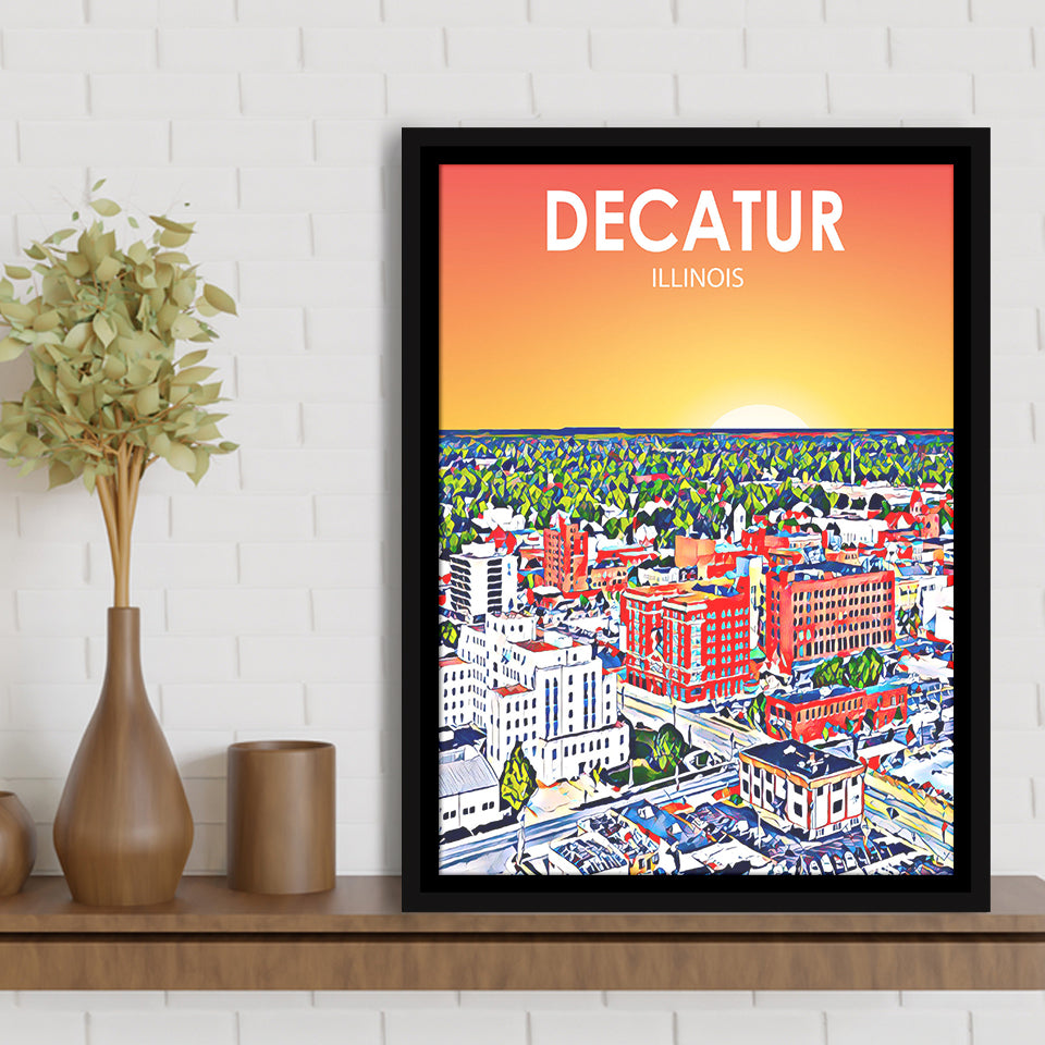Decatur Illinois Art Sunset Landscape, Large Canvas, Framed Canvas Print Wall Art Home Decor, Floating Frame